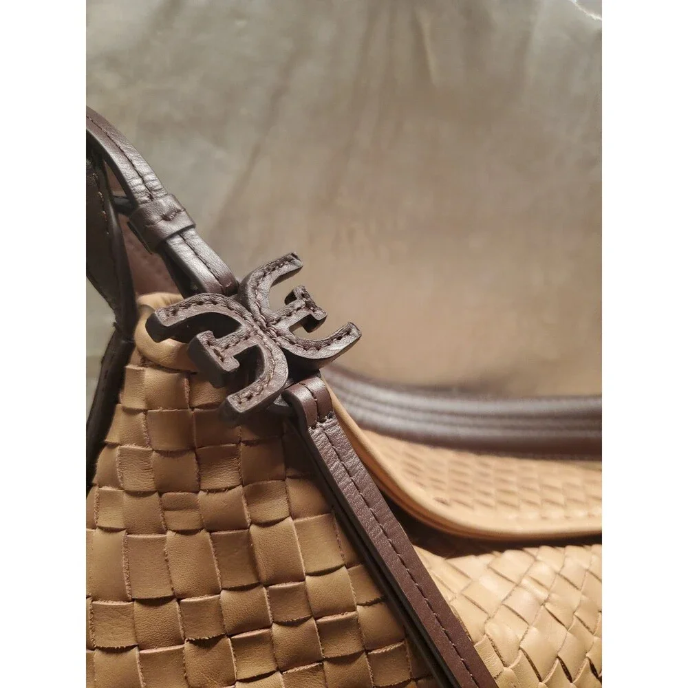 Sam Edelman Petty Shoulder Bag Mocha Mousse Leather Woven Gold Hardware